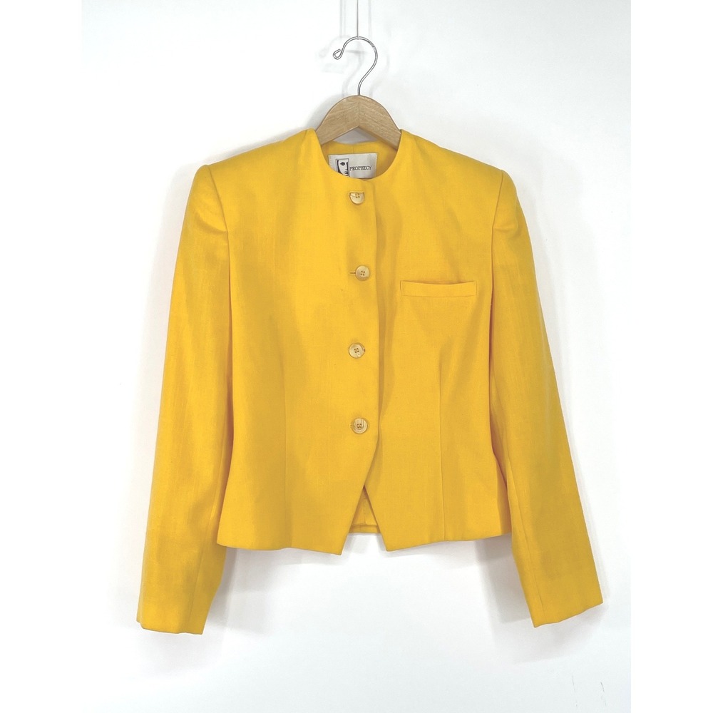 Vintage Prophecy Womens Blazer M Jacket Yellow Collarless Button Front Lined